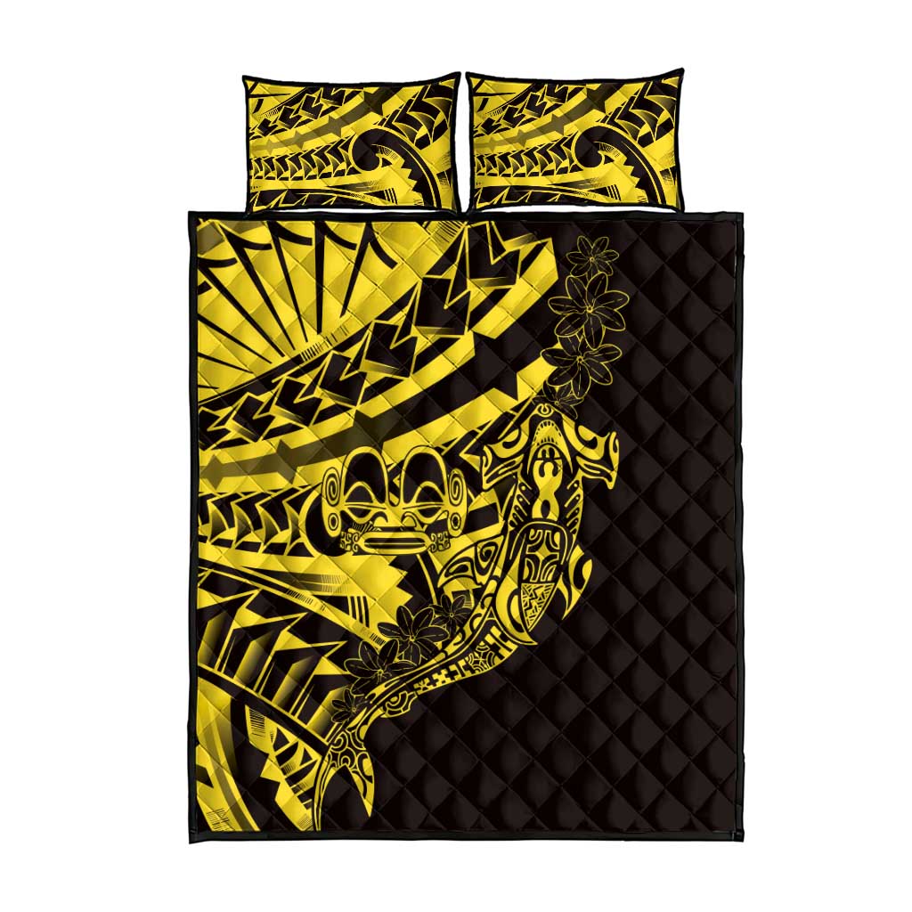 Yellow Marquesas Islands Quilt Bed Set Marquesan Matatiki Hammerhead Shark Patutiki - Polynesian Pride