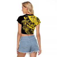 Yellow Marquesas Islands Raglan Cropped T Shirt Marquesan Matatiki Hammerhead Shark Patutiki LT14 - Polynesian Pride