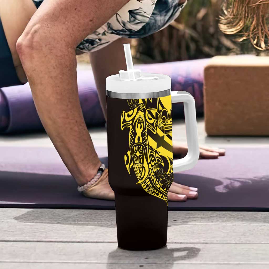 Yellow Marquesas Islands Tumbler With Handle Marquesan Matatiki Hammerhead Shark Patutiki - Polynesian Pride