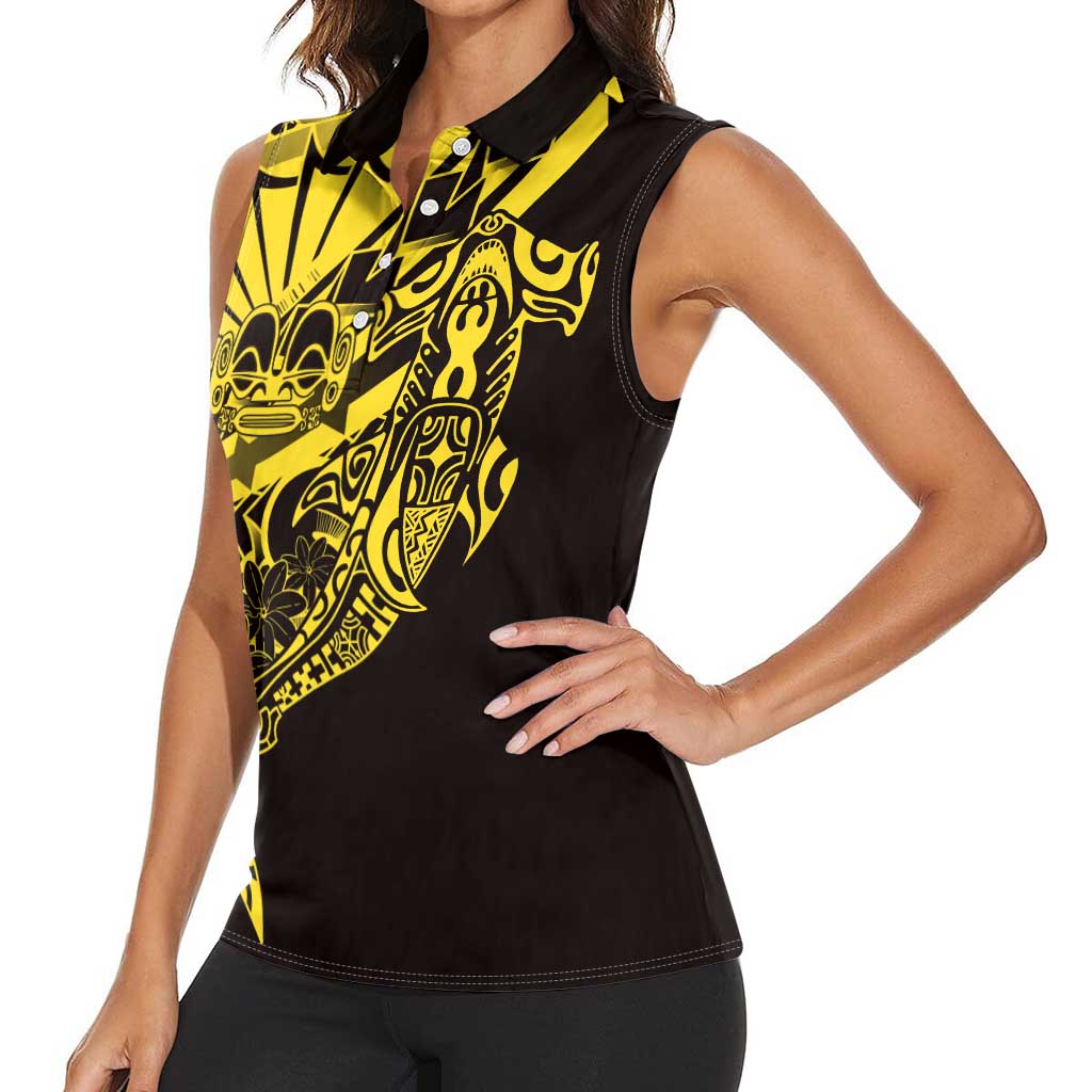 Yellow Marquesas Islands Women Sleeveless Polo Shirt Marquesan Matatiki Hammerhead Shark Patutiki LT14 - Polynesian Pride