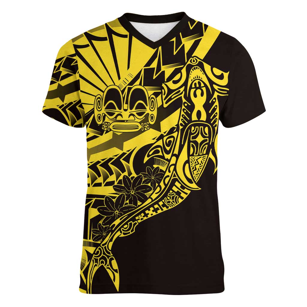 Yellow Marquesas Islands Women V-Neck T-Shirt Marquesan Matatiki Hammerhead Shark Patutiki LT14 Female Yellow - Polynesian Pride
