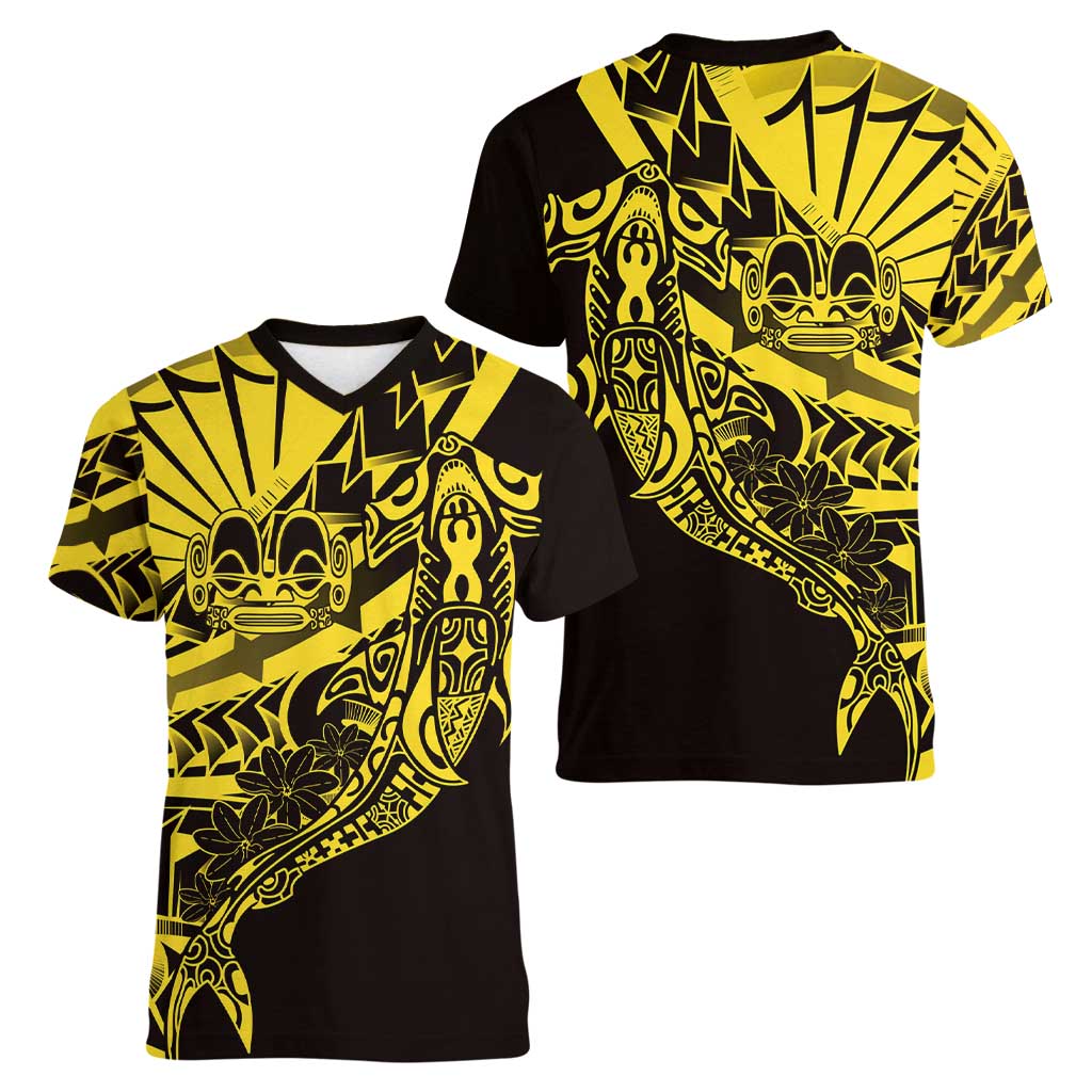 Yellow Marquesas Islands Women V-Neck T-Shirt Marquesan Matatiki Hammerhead Shark Patutiki LT14 - Polynesian Pride