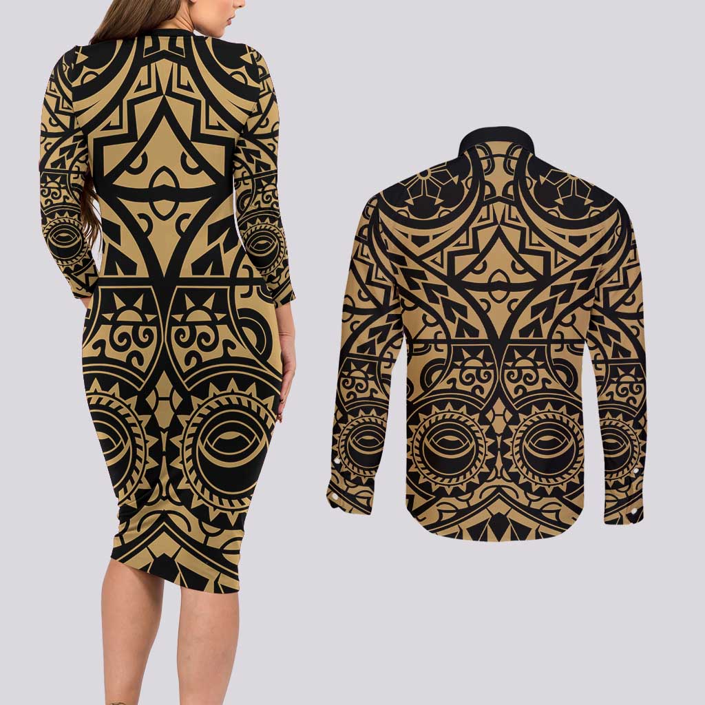 Austral Islands Couples Matching Long Sleeve Bodycon Dress and Long Sleeve Button Shirt Tuhaa Pae Penu Stars Necklace Gold LT14 - Polynesian Pride