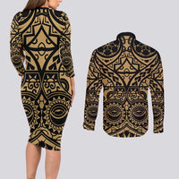 Austral Islands Couples Matching Long Sleeve Bodycon Dress and Long Sleeve Button Shirt Tuhaa Pae Penu Stars Necklace Gold LT14 - Polynesian Pride
