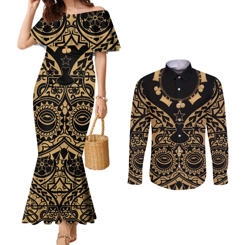 Austral Islands Couples Matching Mermaid Dress and Long Sleeve Button Shirt Tuhaa Pae Penu Stars Necklace Gold - Polynesian Pride