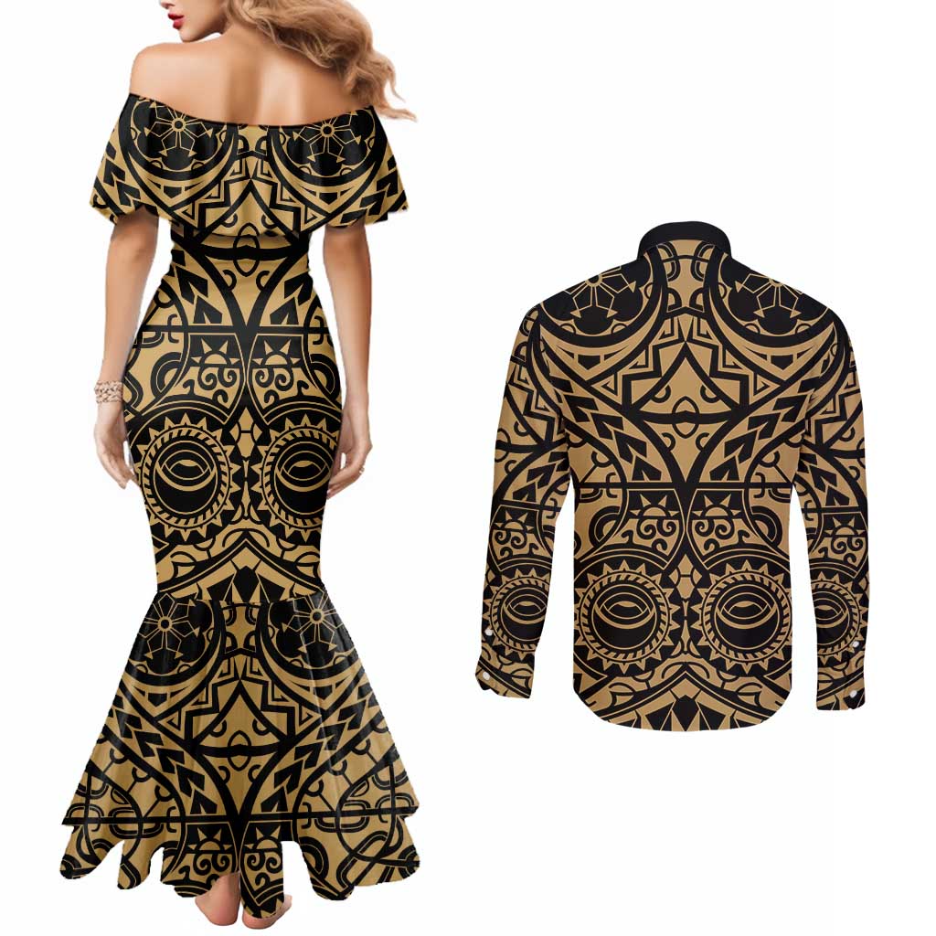 Austral Islands Couples Matching Mermaid Dress and Long Sleeve Button Shirt Tuhaa Pae Penu Stars Necklace Gold LT14 - Polynesian Pride