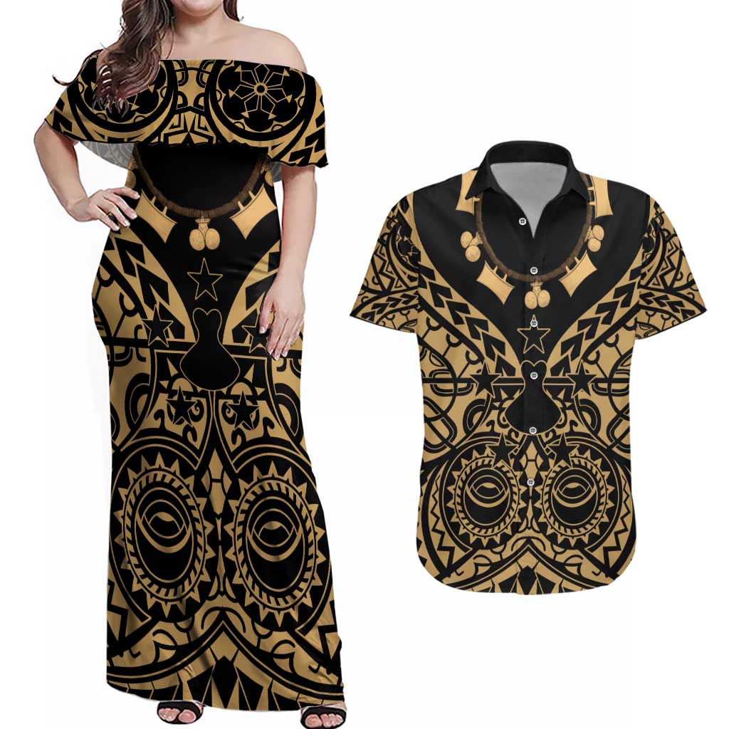 Austral Islands Couples Matching Off Shoulder Maxi Dress and Hawaiian Shirt Tuhaa Pae Penu Stars Necklace Gold LT14 Gold - Polynesian Pride