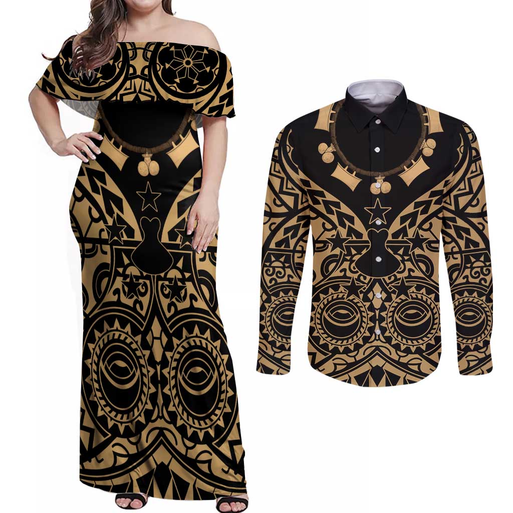 Austral Islands Couples Matching Off Shoulder Maxi Dress and Long Sleeve Button Shirt Tuhaa Pae Penu Stars Necklace Gold LT14 Gold - Polynesian Pride