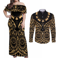 Austral Islands Couples Matching Off Shoulder Maxi Dress and Long Sleeve Button Shirt Tuhaa Pae Penu Stars Necklace Gold LT14 Gold - Polynesian Pride