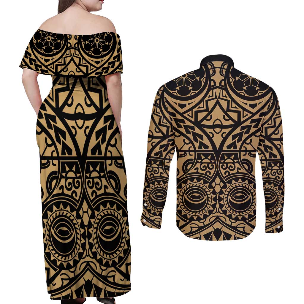 Austral Islands Couples Matching Off Shoulder Maxi Dress and Long Sleeve Button Shirt Tuhaa Pae Penu Stars Necklace Gold LT14 - Polynesian Pride