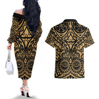Austral Islands Couples Matching Off The Shoulder Long Sleeve Dress and Hawaiian Shirt Tuhaa Pae Penu Stars Necklace Gold LT14 - Polynesian Pride