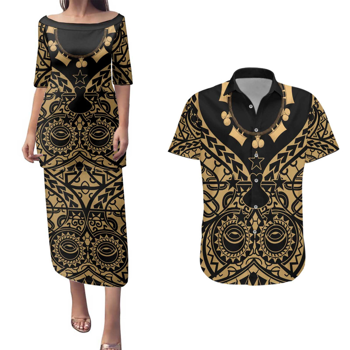 Austral Islands Couples Matching Puletasi and Hawaiian Shirt Tuhaa Pae Penu Stars Necklace Gold LT14 Gold - Polynesian Pride