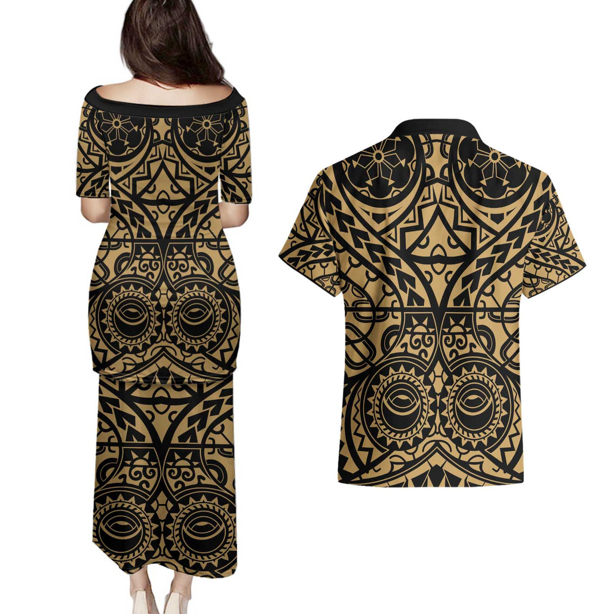 Austral Islands Couples Matching Puletasi and Hawaiian Shirt Tuhaa Pae Penu Stars Necklace Gold LT14 - Polynesian Pride
