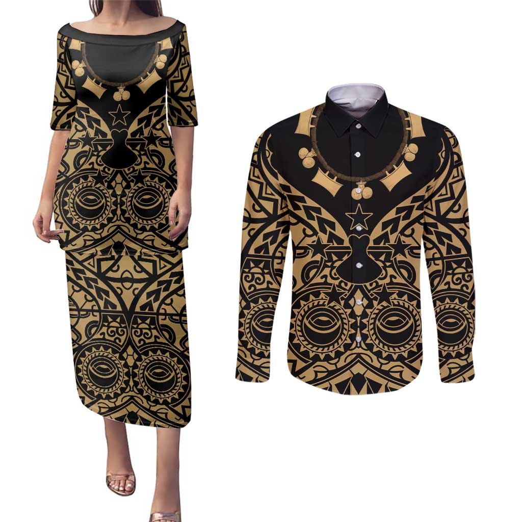 Austral Islands Couples Matching Puletasi and Long Sleeve Button Shirt Tuhaa Pae Penu Stars Necklace Gold LT14 Gold - Polynesian Pride