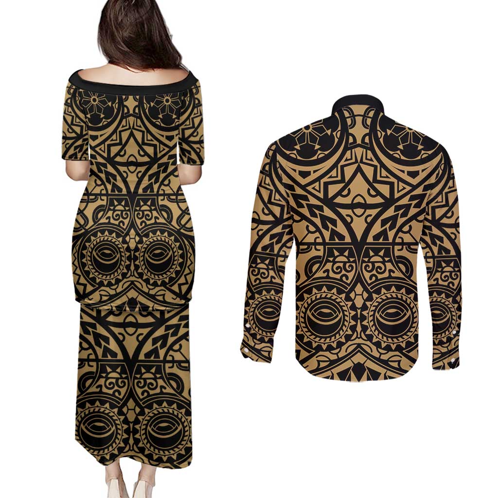 Austral Islands Couples Matching Puletasi and Long Sleeve Button Shirt Tuhaa Pae Penu Stars Necklace Gold LT14 - Polynesian Pride