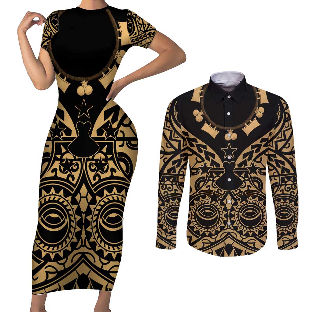 Austral Islands Couples Matching Short Sleeve Bodycon Dress and Long Sleeve Button Shirt Tuhaa Pae Penu Stars Necklace Gold LT14 Gold - Polynesian Pride