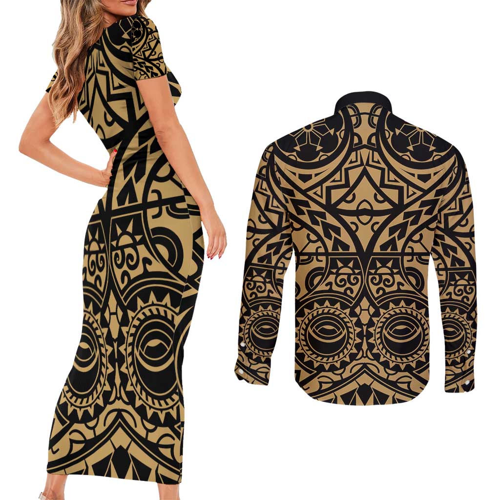 Austral Islands Couples Matching Short Sleeve Bodycon Dress and Long Sleeve Button Shirt Tuhaa Pae Penu Stars Necklace Gold LT14 - Polynesian Pride