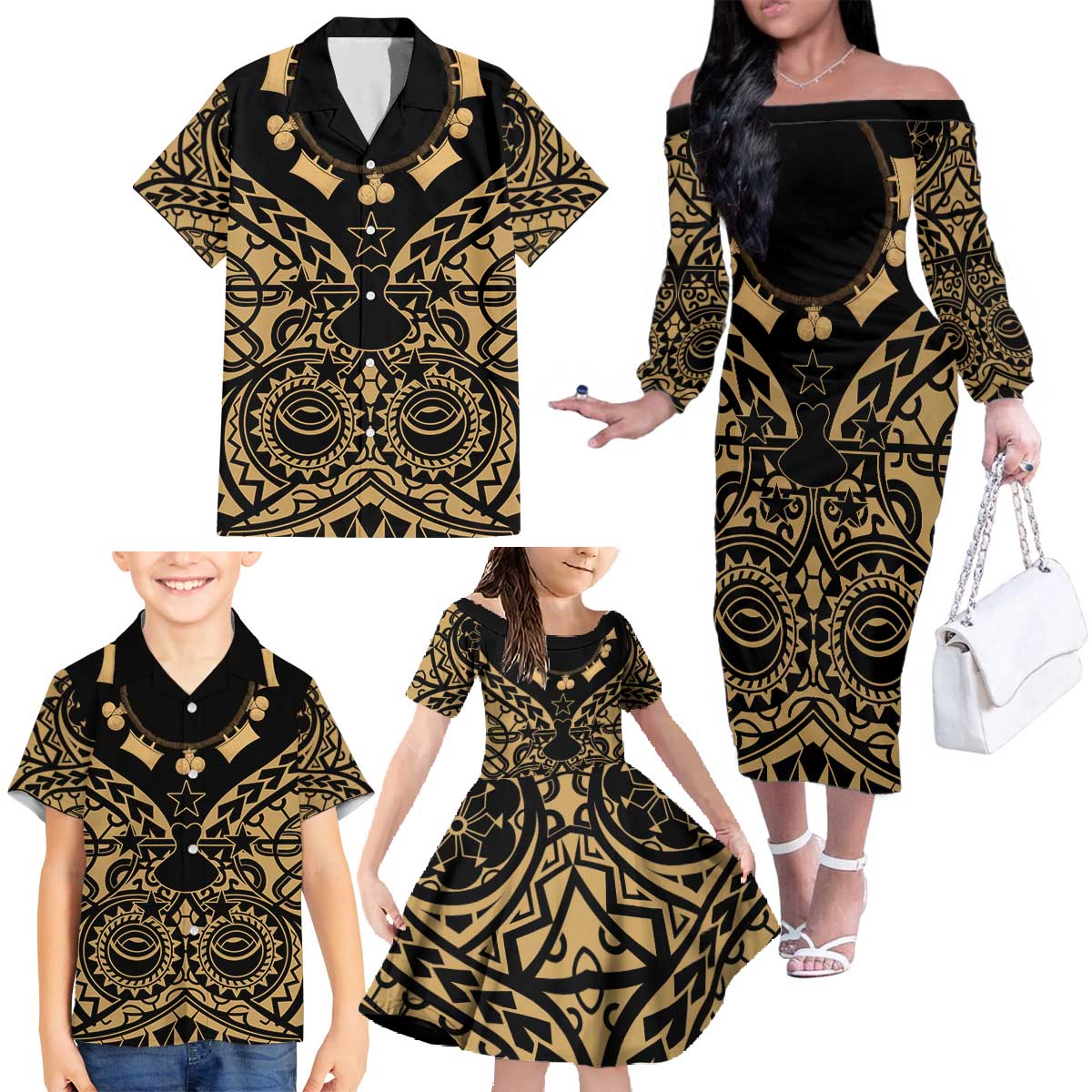 Austral Islands Family Matching Off The Shoulder Long Sleeve Dress and Hawaiian Shirt Tuhaa Pae Penu Stars Necklace Gold LT14 - Polynesian Pride