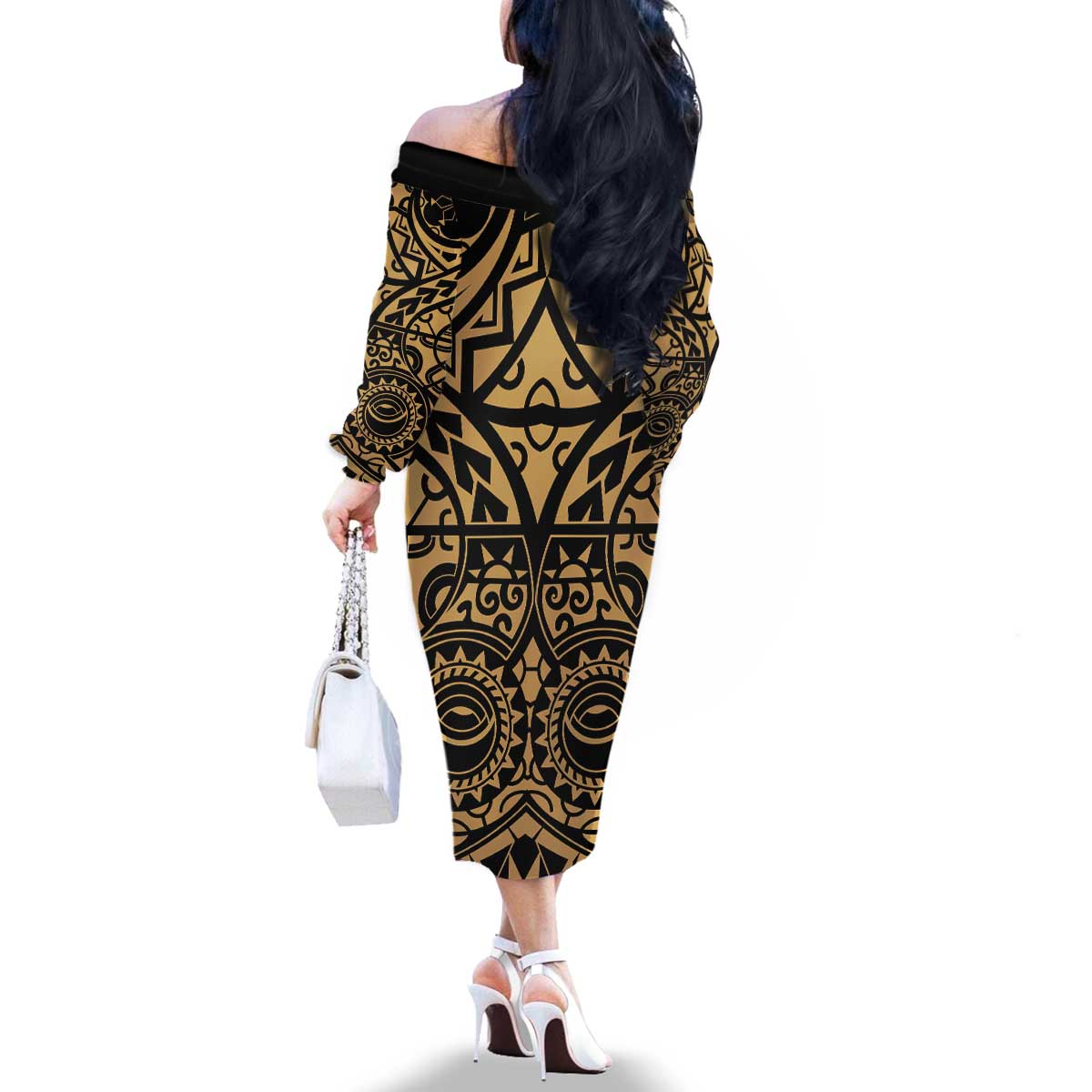 Austral Islands Family Matching Off The Shoulder Long Sleeve Dress and Hawaiian Shirt Tuhaa Pae Penu Stars Necklace Gold LT14 - Polynesian Pride