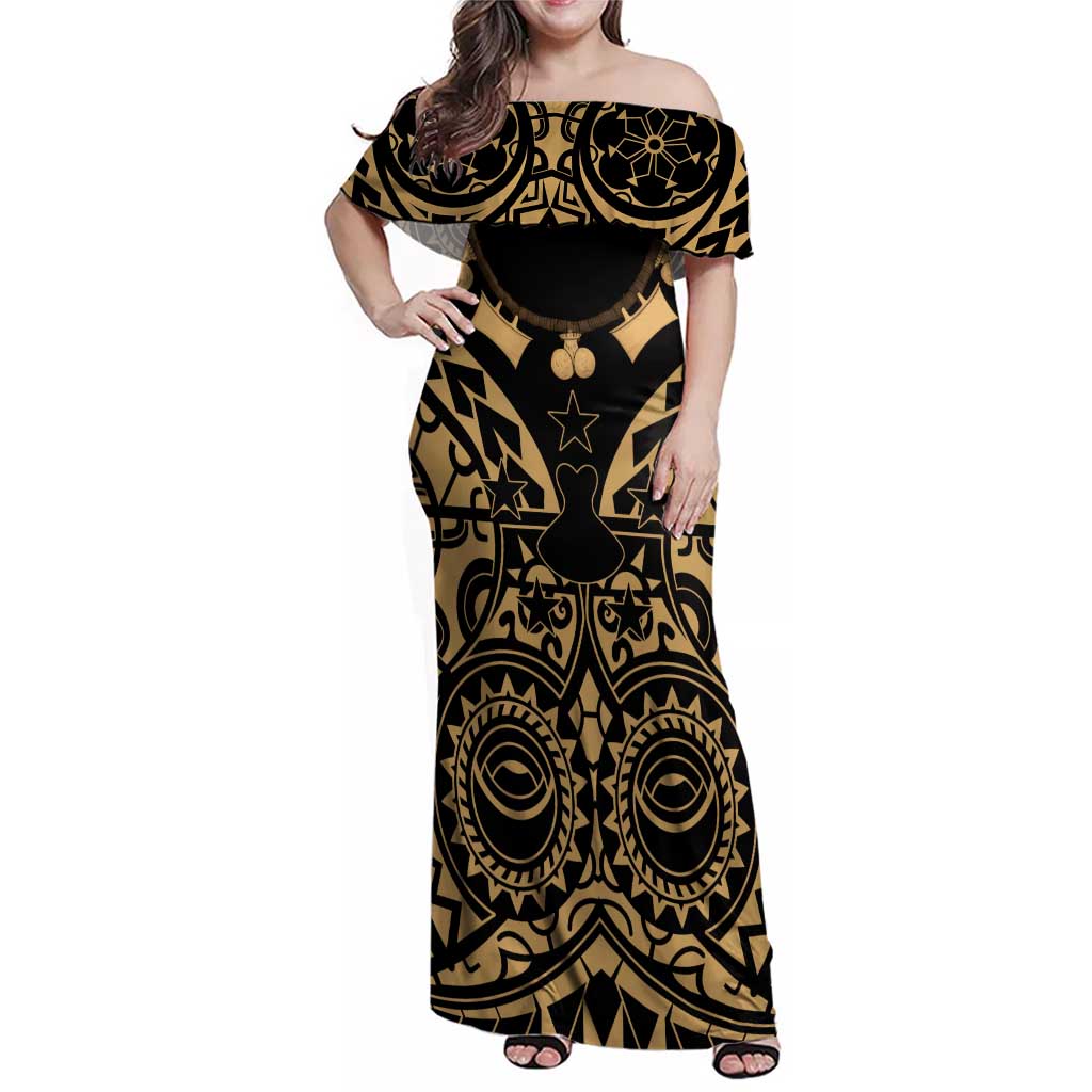 Austral Islands Family Matching Off Shoulder Maxi Dress and Hawaiian Shirt Tuhaa Pae Penu Stars Necklace Gold LT14 Mom's Dress Gold - Polynesian Pride