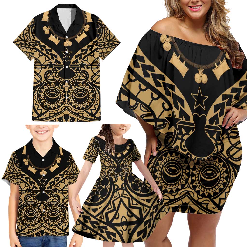 Austral Islands Family Matching Off Shoulder Short Dress and Hawaiian Shirt Tuhaa Pae Penu Stars Necklace Gold LT14 - Polynesian Pride