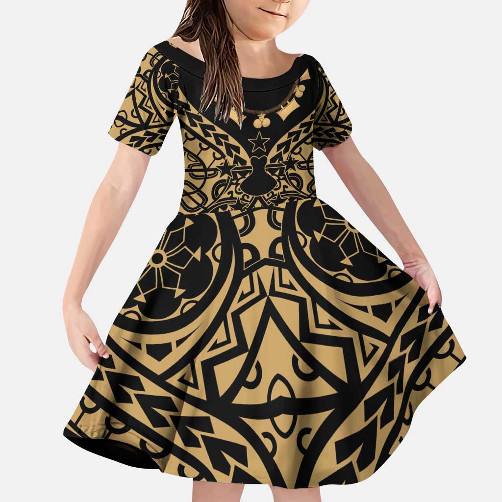 Austral Islands Family Matching Puletasi and Hawaiian Shirt Tuhaa Pae Penu Stars Necklace Gold LT14 Daughter's Dress Gold - Polynesian Pride