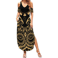 Austral Islands Family Matching Summer Maxi Dress and Hawaiian Shirt Tuhaa Pae Penu Stars Necklace Gold LT14 Mom's Dress Gold - Polynesian Pride