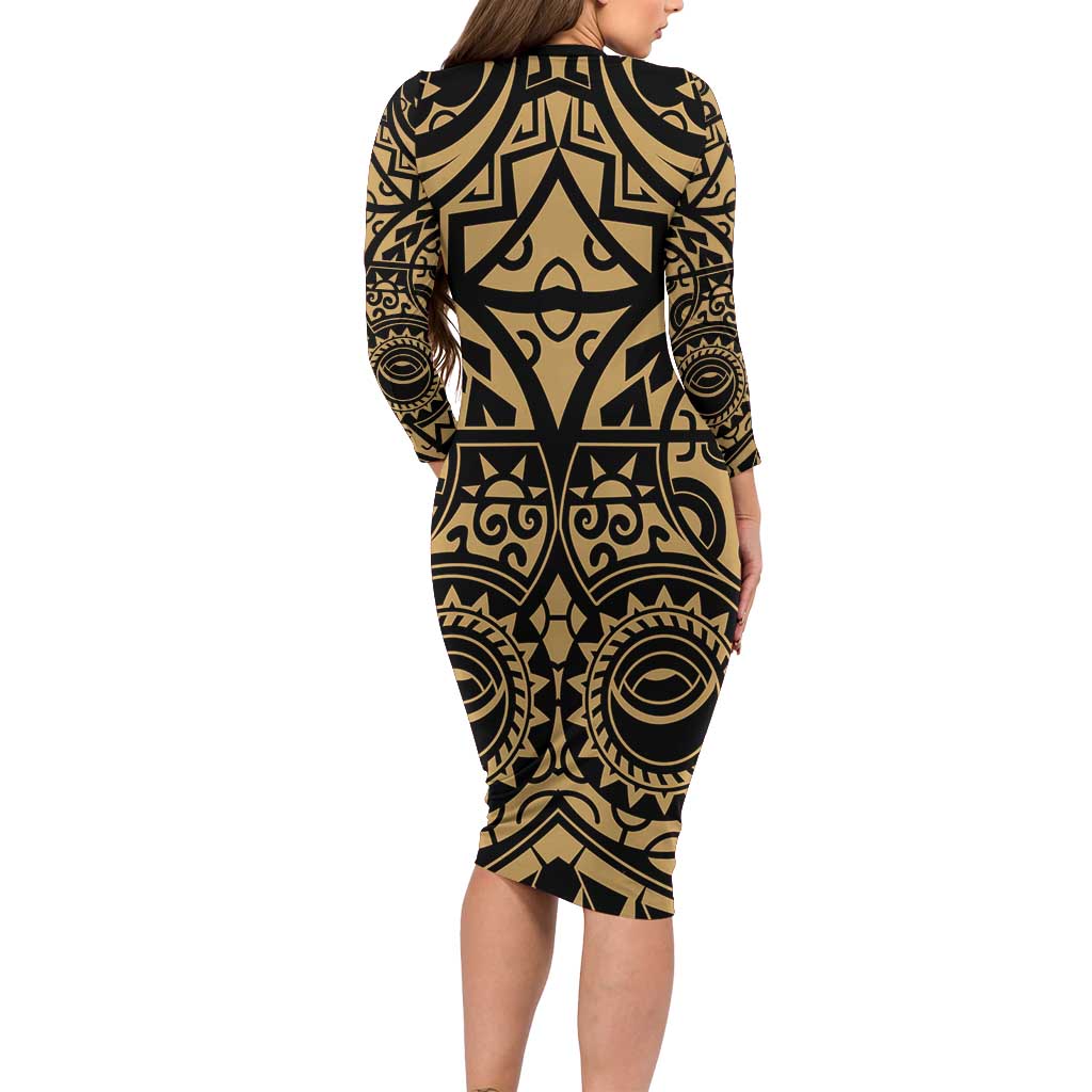 Austral Islands Long Sleeve Bodycon Dress Tuhaa Pae Penu Stars Necklace Gold LT14 - Polynesian Pride