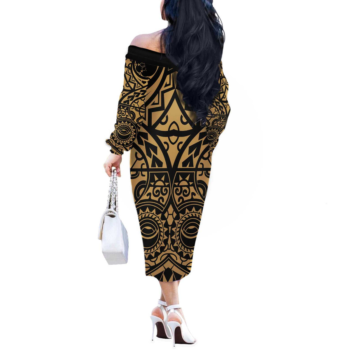 Austral Islands Off The Shoulder Long Sleeve Dress Tuhaa Pae Penu Stars Necklace Gold LT14 - Polynesian Pride