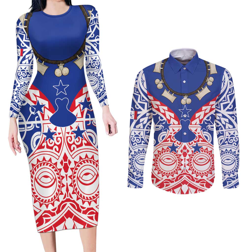 Austral Islands Couples Matching Long Sleeve Bodycon Dress and Long Sleeve Button Shirt Tuhaa Pae Penu Stars Necklace Red LT14 Red - Polynesian Pride