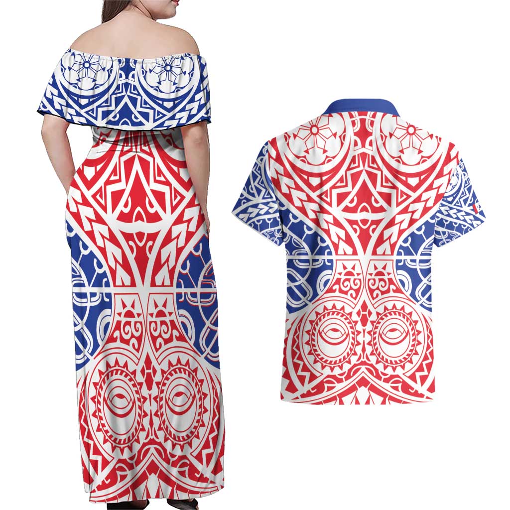 Austral Islands Couples Matching Off Shoulder Maxi Dress and Hawaiian Shirt Tuhaa Pae Penu Stars Necklace Red LT14 - Polynesian Pride