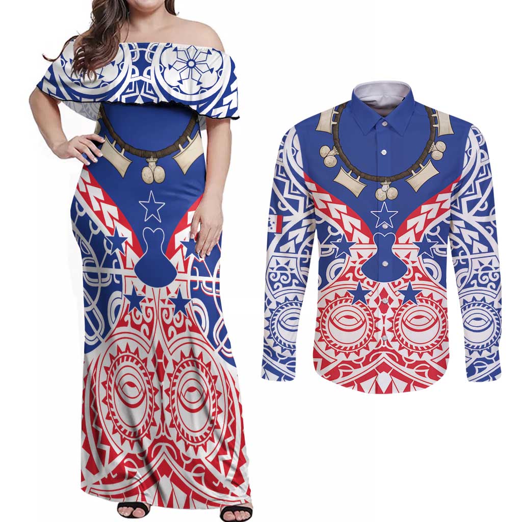 Austral Islands Couples Matching Off Shoulder Maxi Dress and Long Sleeve Button Shirt Tuhaa Pae Penu Stars Necklace Red LT14 Red - Polynesian Pride