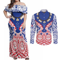 Austral Islands Couples Matching Off Shoulder Maxi Dress and Long Sleeve Button Shirt Tuhaa Pae Penu Stars Necklace Red LT14 Red - Polynesian Pride