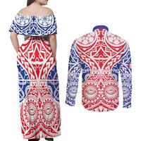 Austral Islands Couples Matching Off Shoulder Maxi Dress and Long Sleeve Button Shirt Tuhaa Pae Penu Stars Necklace Red LT14 - Polynesian Pride