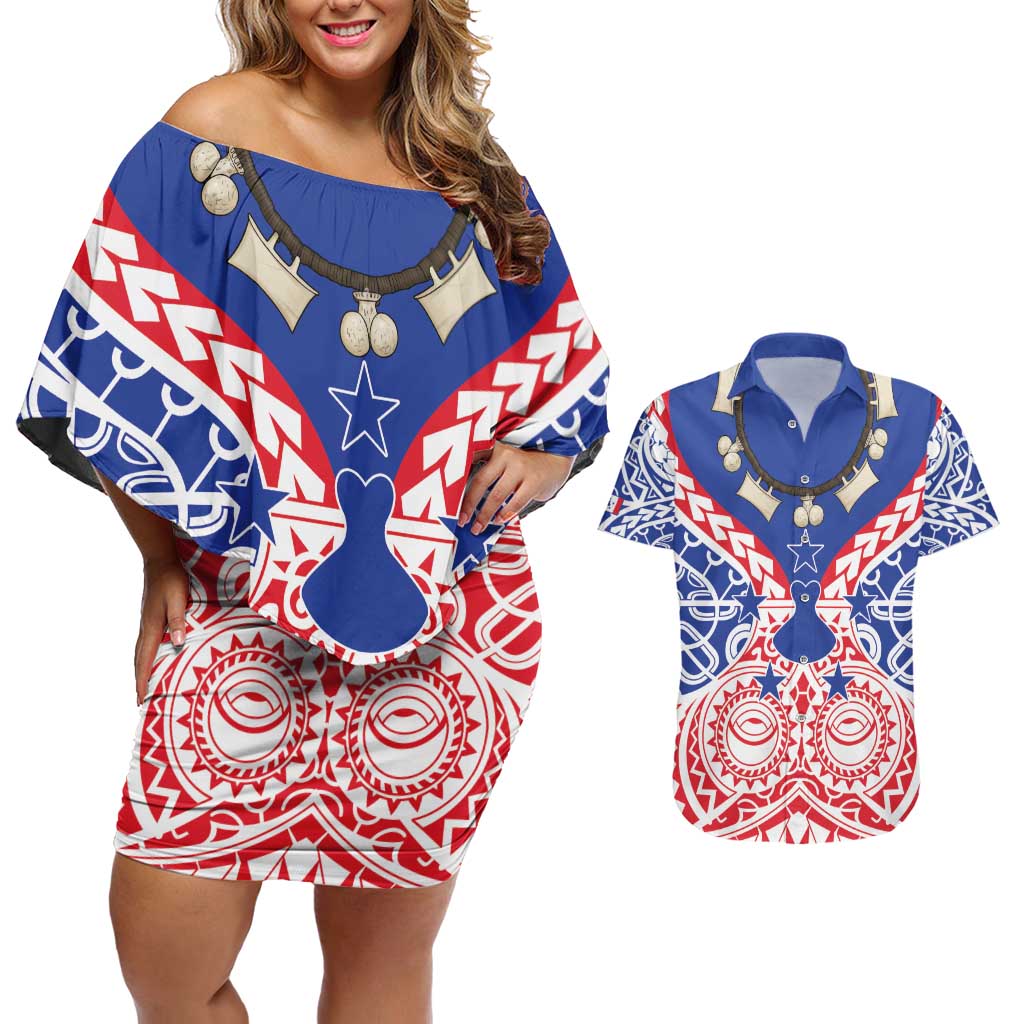 Austral Islands Couples Matching Off Shoulder Short Dress and Hawaiian Shirt Tuhaa Pae Penu Stars Necklace Red LT14 Red - Polynesian Pride