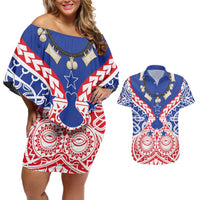 Austral Islands Couples Matching Off Shoulder Short Dress and Hawaiian Shirt Tuhaa Pae Penu Stars Necklace Red LT14 Red - Polynesian Pride