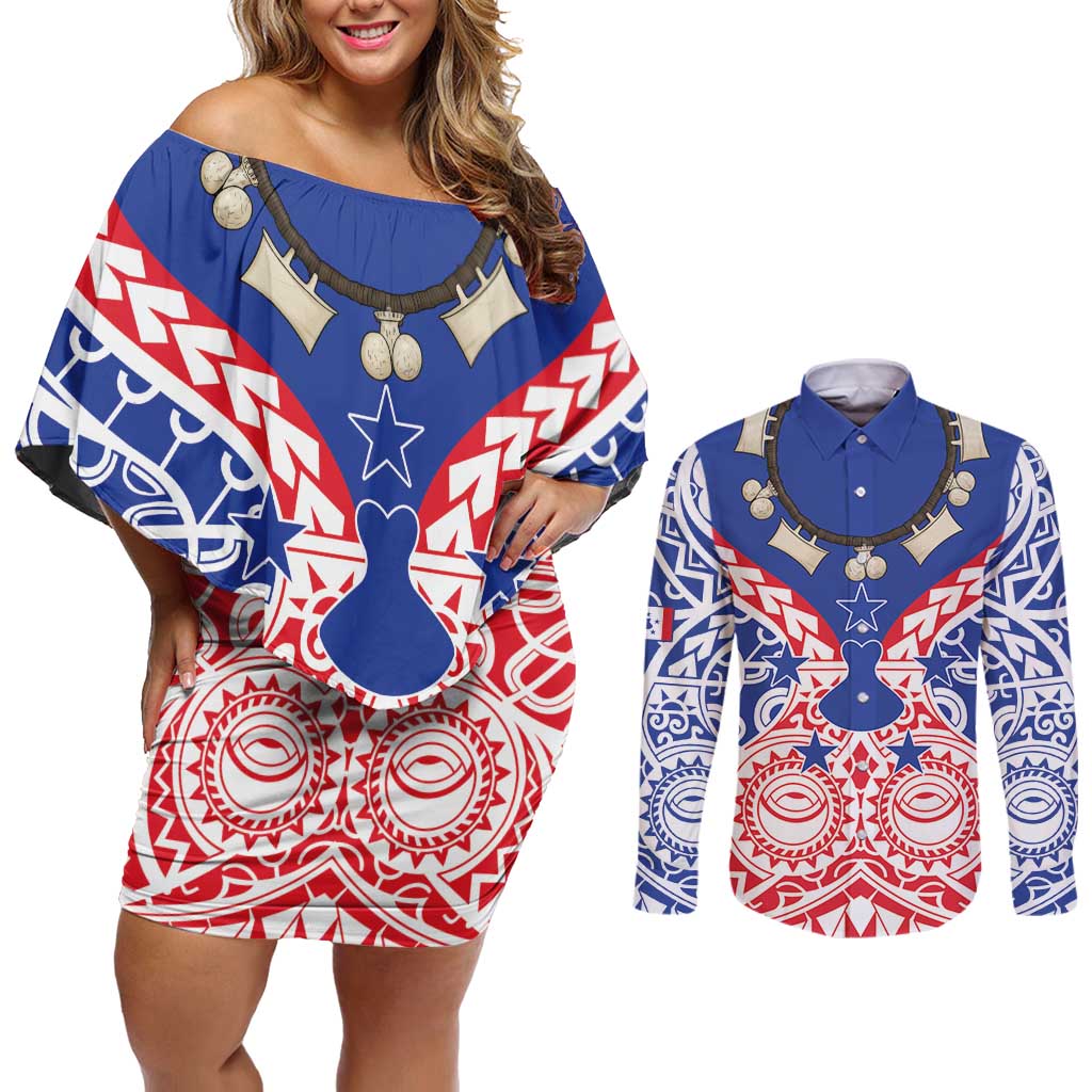 Austral Islands Couples Matching Off Shoulder Short Dress and Long Sleeve Button Shirt Tuhaa Pae Penu Stars Necklace Red LT14 Red - Polynesian Pride