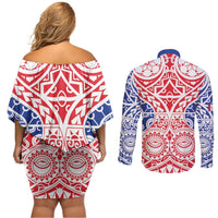 Austral Islands Couples Matching Off Shoulder Short Dress and Long Sleeve Button Shirt Tuhaa Pae Penu Stars Necklace Red LT14 - Polynesian Pride