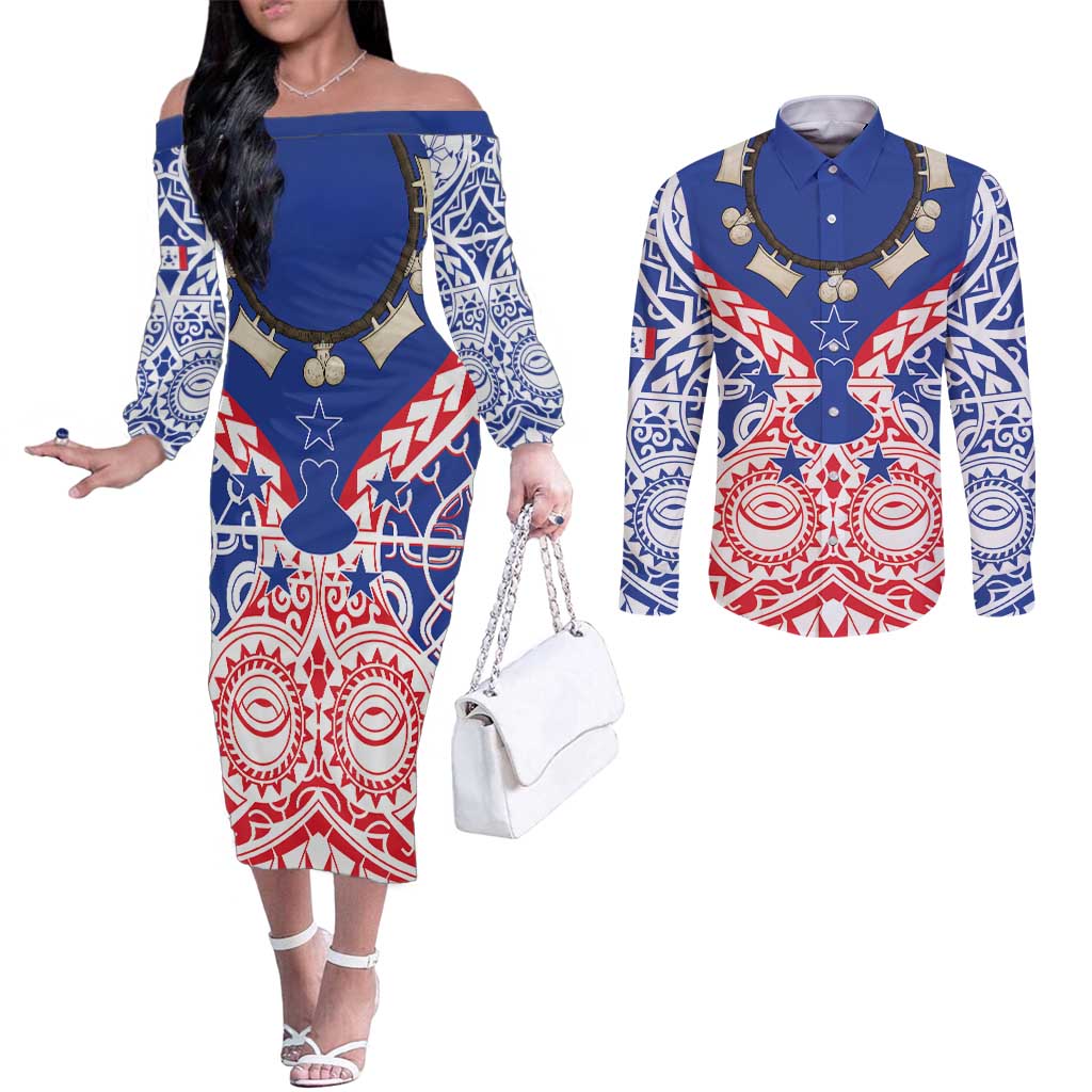 Austral Islands Couples Matching Off The Shoulder Long Sleeve Dress and Long Sleeve Button Shirt Tuhaa Pae Penu Stars Necklace Red LT14 Red - Polynesian Pride
