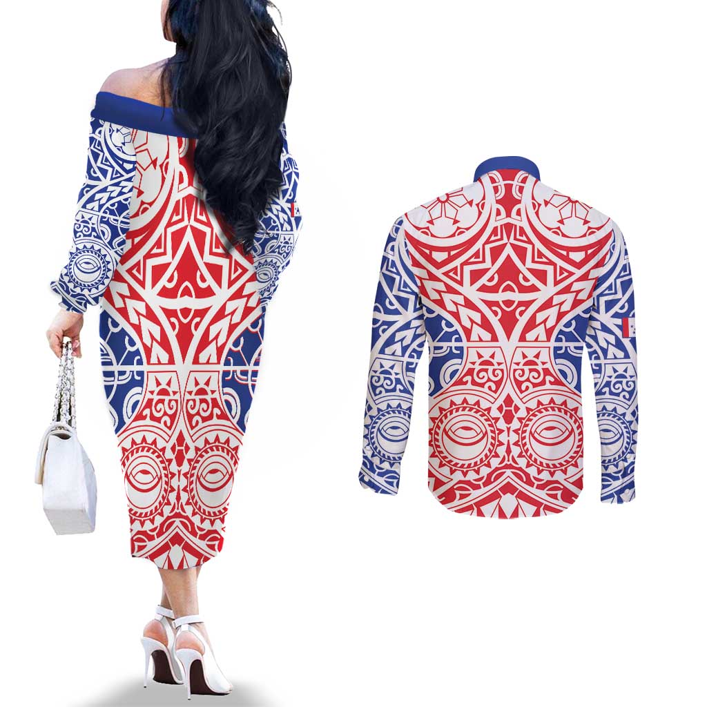 Austral Islands Couples Matching Off The Shoulder Long Sleeve Dress and Long Sleeve Button Shirt Tuhaa Pae Penu Stars Necklace Red LT14 - Polynesian Pride
