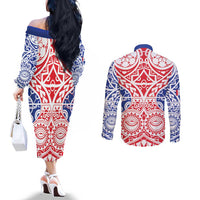 Austral Islands Couples Matching Off The Shoulder Long Sleeve Dress and Long Sleeve Button Shirt Tuhaa Pae Penu Stars Necklace Red LT14 - Polynesian Pride