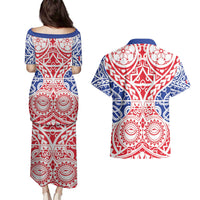 Austral Islands Couples Matching Puletasi and Hawaiian Shirt Tuhaa Pae Penu Stars Necklace Red LT14 - Polynesian Pride
