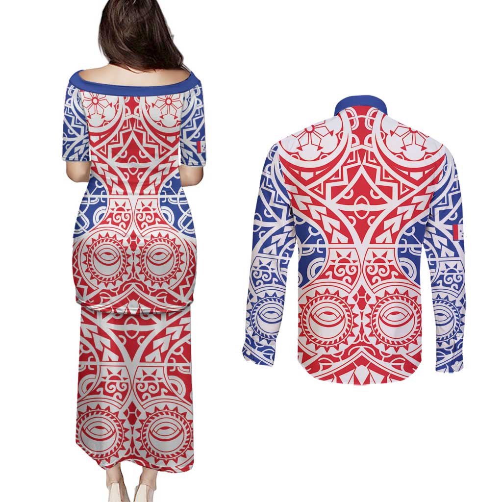 Austral Islands Couples Matching Puletasi and Long Sleeve Button Shirt Tuhaa Pae Penu Stars Necklace Red - Polynesian Pride