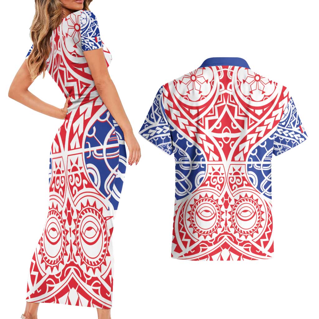 Austral Islands Couples Matching Short Sleeve Bodycon Dress and Hawaiian Shirt Tuhaa Pae Penu Stars Necklace Red LT14 - Polynesian Pride