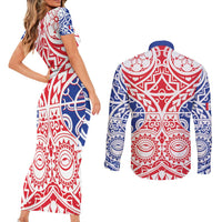 Austral Islands Couples Matching Short Sleeve Bodycon Dress and Long Sleeve Button Shirt Tuhaa Pae Penu Stars Necklace Red LT14 - Polynesian Pride