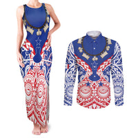 Austral Islands Couples Matching Tank Maxi Dress and Long Sleeve Button Shirt Tuhaa Pae Penu Stars Necklace Red LT14 Red - Polynesian Pride