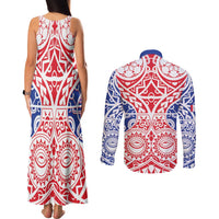 Austral Islands Couples Matching Tank Maxi Dress and Long Sleeve Button Shirt Tuhaa Pae Penu Stars Necklace Red LT14 - Polynesian Pride