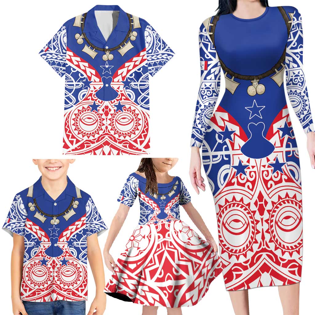 Austral Islands Family Matching Long Sleeve Bodycon Dress and Hawaiian Shirt Tuhaa Pae Penu Stars Necklace Red LT14 - Polynesian Pride
