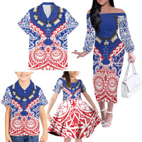 Austral Islands Family Matching Off The Shoulder Long Sleeve Dress and Hawaiian Shirt Tuhaa Pae Penu Stars Necklace Red LT14 - Polynesian Pride