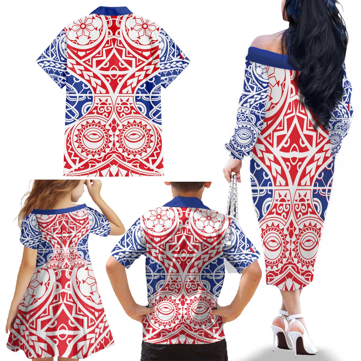 Austral Islands Family Matching Off The Shoulder Long Sleeve Dress and Hawaiian Shirt Tuhaa Pae Penu Stars Necklace Red LT14 - Polynesian Pride